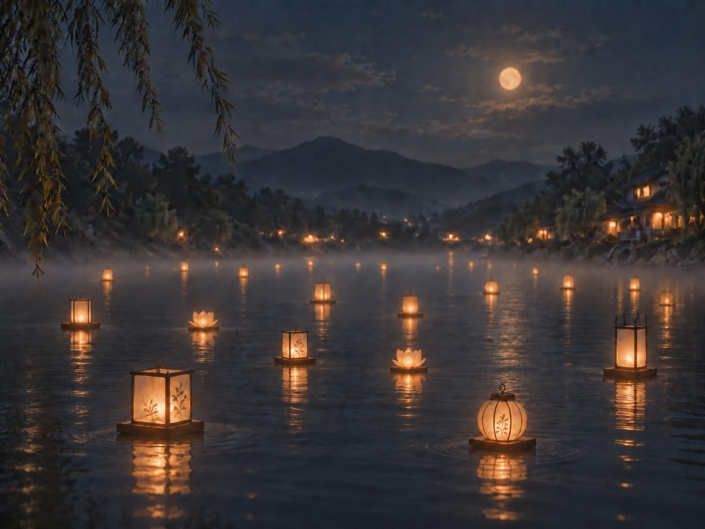 Lanterns drifting on a river at night