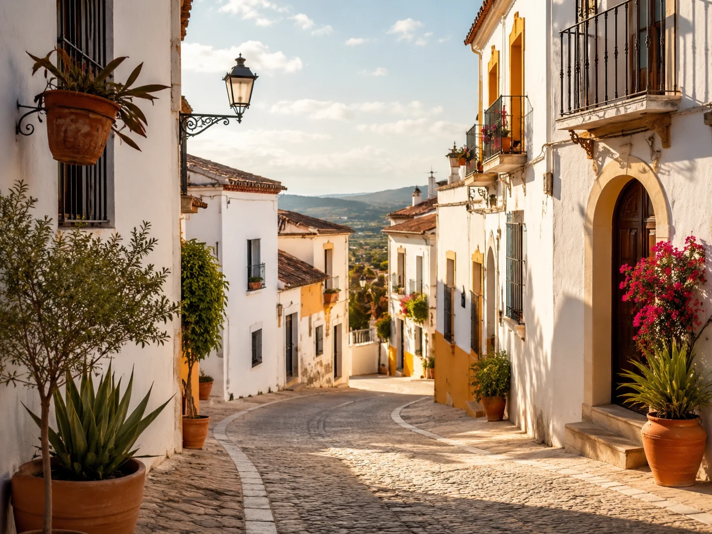 Sunny Spanish street with stone paving and small shops